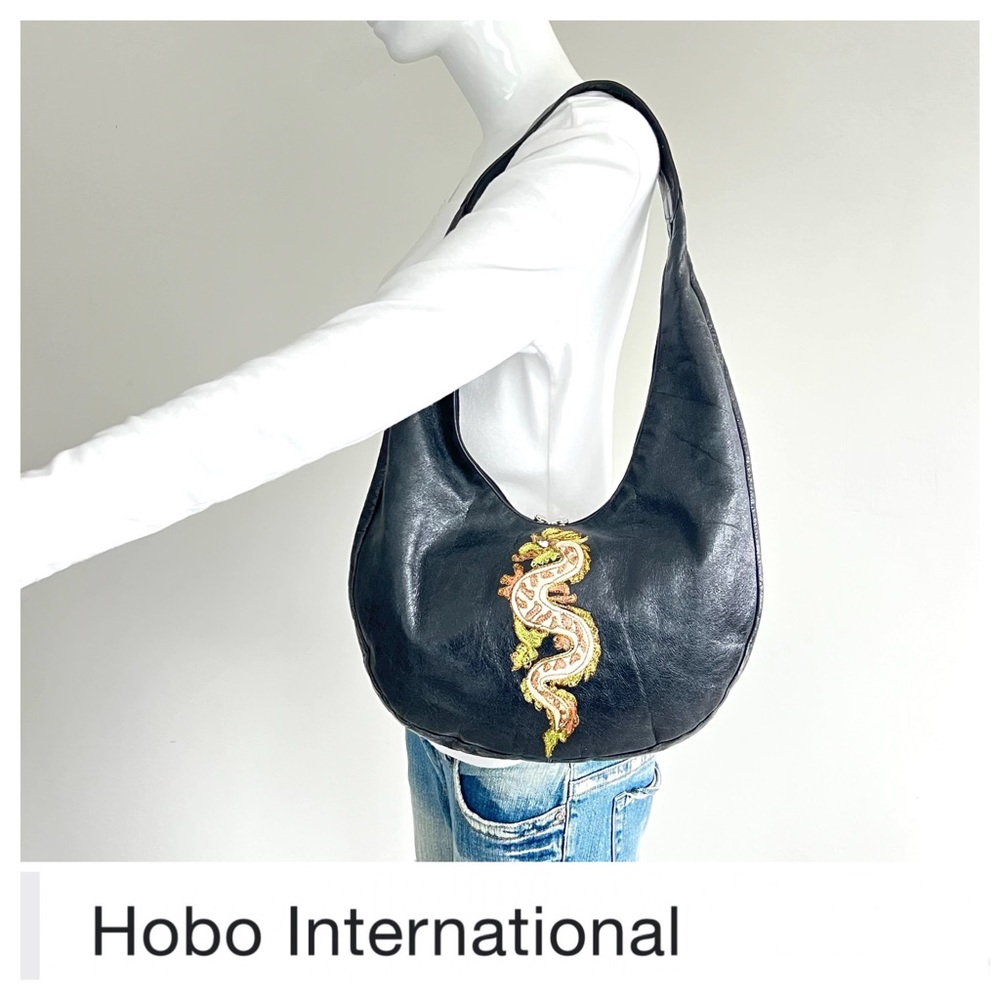 HOBO International Black Crackled Leather Dragon Embroidered Patch Hobo Tote